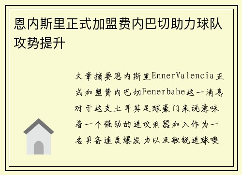 恩内斯里正式加盟费内巴切助力球队攻势提升