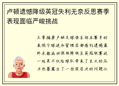 卢顿遗憾降级英冠失利无奈反思赛季表现面临严峻挑战